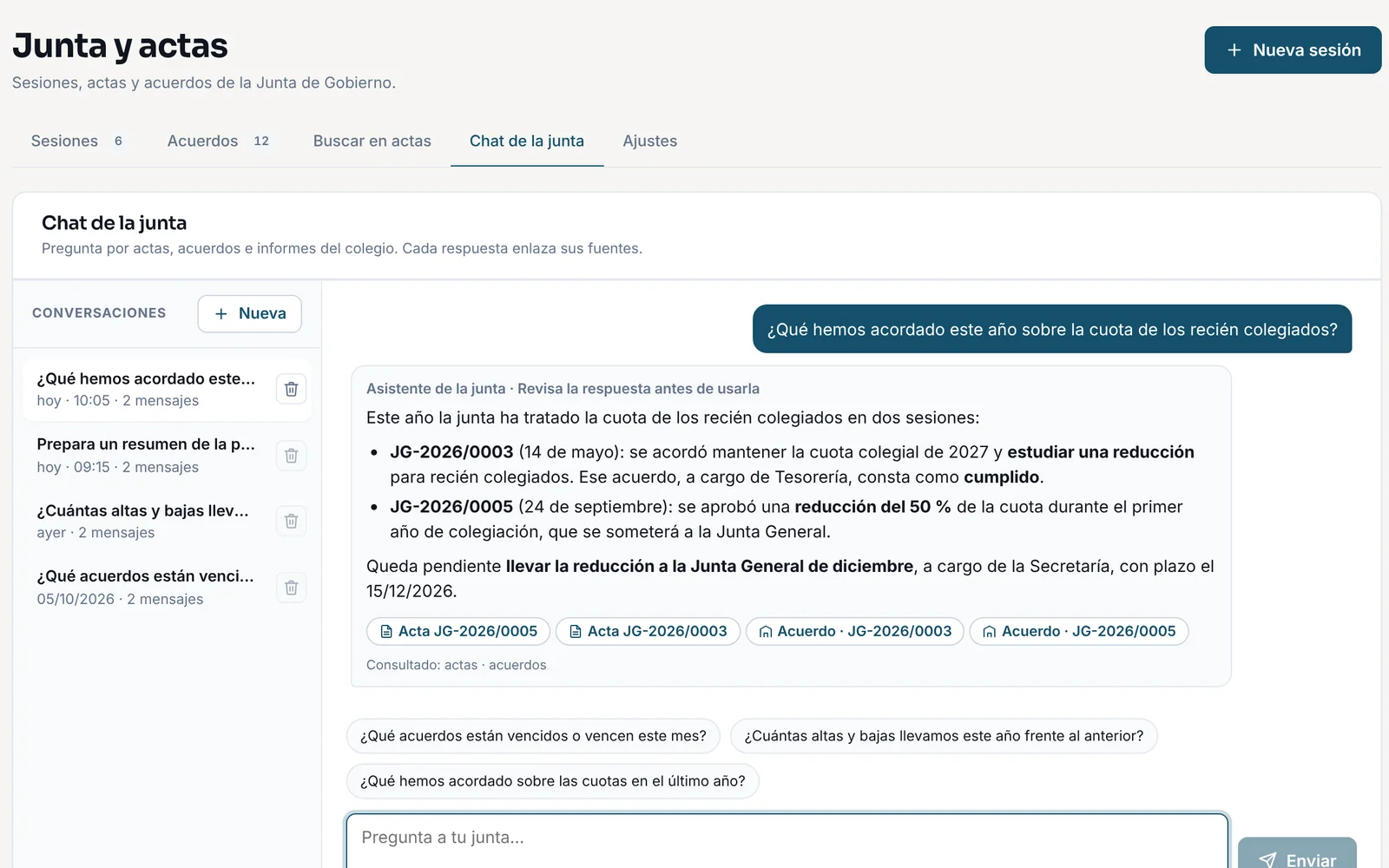 Chat de la junta: responde qué se acordó sobre la cuota de los recién colegiados y enlaza dos actas y dos acuerdos como fuentes